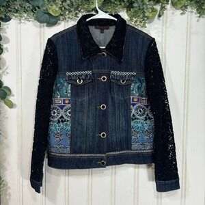 Mishca Embroidered Denim Jacket MEDIUM Lace Sleeve Boho Jean Jacket Festival